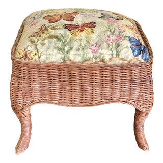 Vintage Wicker Butterflies Needlepoint Footstool For Sale