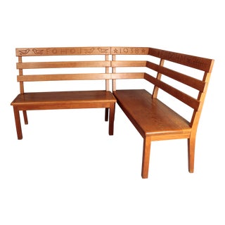 Alpine Corner Bench in Oak with Christian Symbolism, 1930s, Set of 2 For Sale