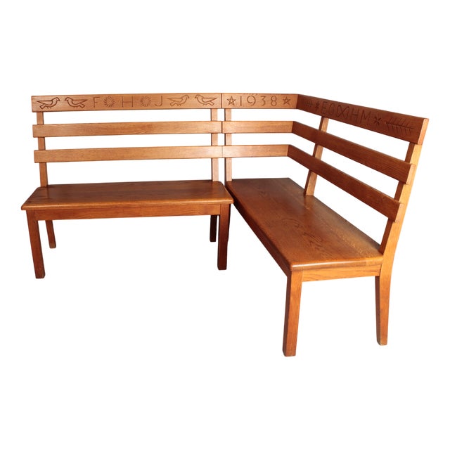 Alpine Corner Bench in Oak with Christian Symbolism, 1930s, Set of 2 For Sale