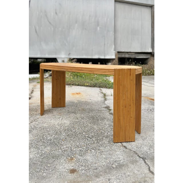 Boho Chic Modern Spilt Reed Console Table With Geometric Motif For Sale - Image 13 of 13