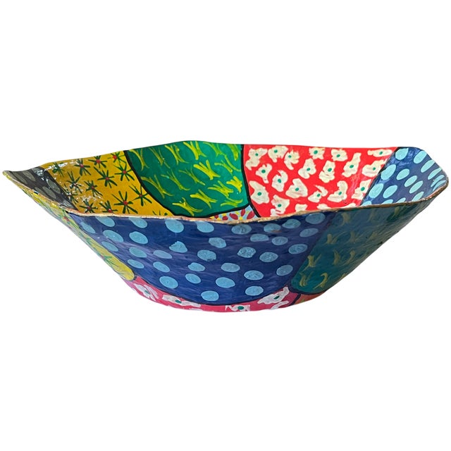 Postmodern Large Hand-Painted Papier-Mâché Bowl – Postmodern / Memphis Style Patchwork – European Folk Modern For Sale - Image 3 of 8