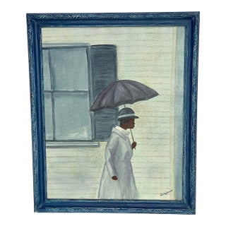 Vintage Naïve Figurative Painting of Woman With Umbrella For Sale