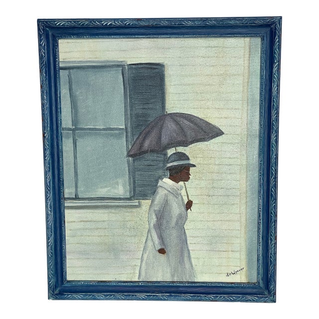 Vintage Naïve Figurative Painting of Woman With Umbrella For Sale