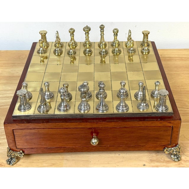 Wood Neoclassical French Gilt & Silvered Bronze Complete Table Top Boxed Chess Set For Sale - Image 7 of 12
