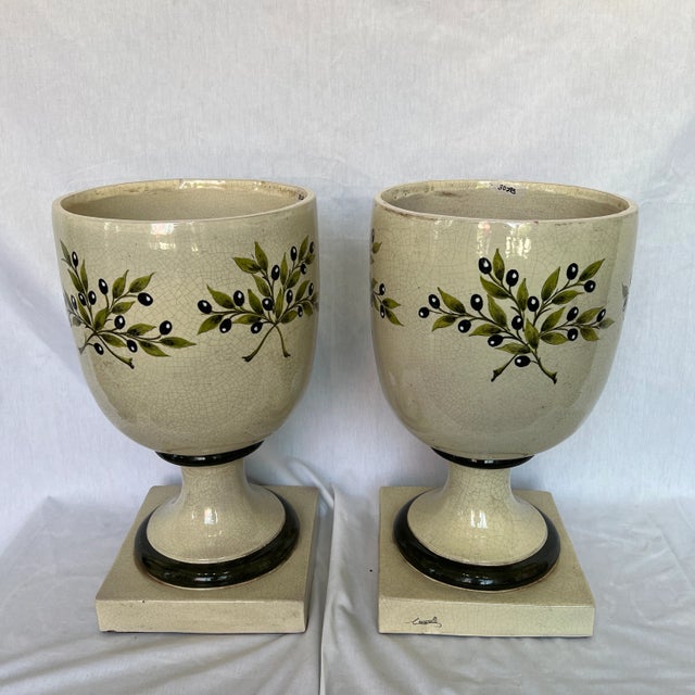 Pair of Large Italian Hand Painted Urn With Lid, Featuring Olive Flower Design. Signed by Artist.