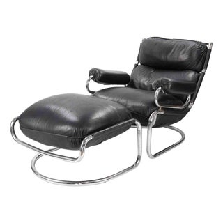 Vintage Cantilever Leather Lounge Chair & Ottoman, 1970s, Set of 2 For Sale