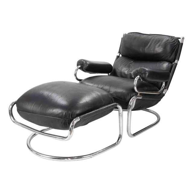 Vintage Cantilever Leather Lounge Chair & Ottoman, 1970s, Set of 2 For Sale
