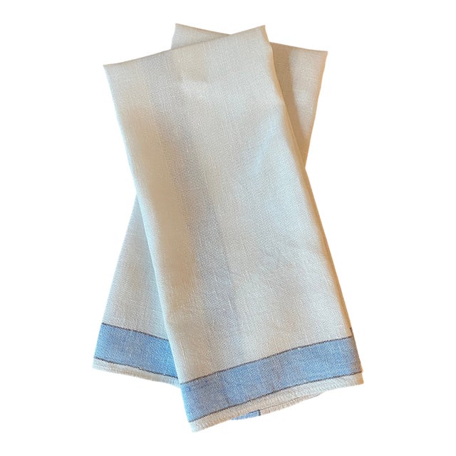 Vintage French Country Linen Tea Towels, Blue Stripe, Pair For Sale