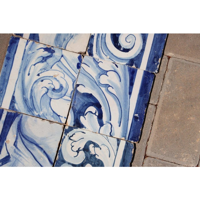 Antique 18th Century Portuguese Baroque Scrollwork Tiles in Cobalt Blue & White, Antique Set of 6 For Sale - Image 4 of 8