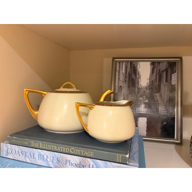Antique Art Deco Porcelain Teapot & Creamer Set | Heavy Gold Gilt | Mother of Pearl Interior For Sale In Los Angeles - Image 6 of 6