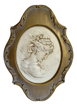 1950's Hollywood Regency Framed Chalkware Female Portrait Art Piece