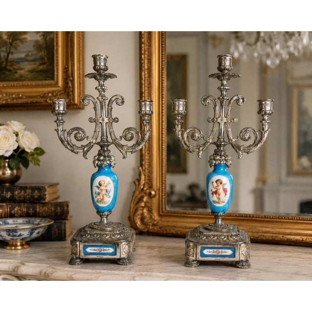 Pair of Antique Signed p.h. Mourey French Victorian Silvered Metal & Sèvres Style Porcelain Three-Light Candelabras For Sale - Image 12 of 12