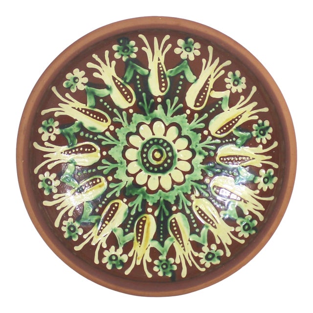 Vintage Signed Hand Painted Clay Hanging Plate or Bowl Folk Art For Sale