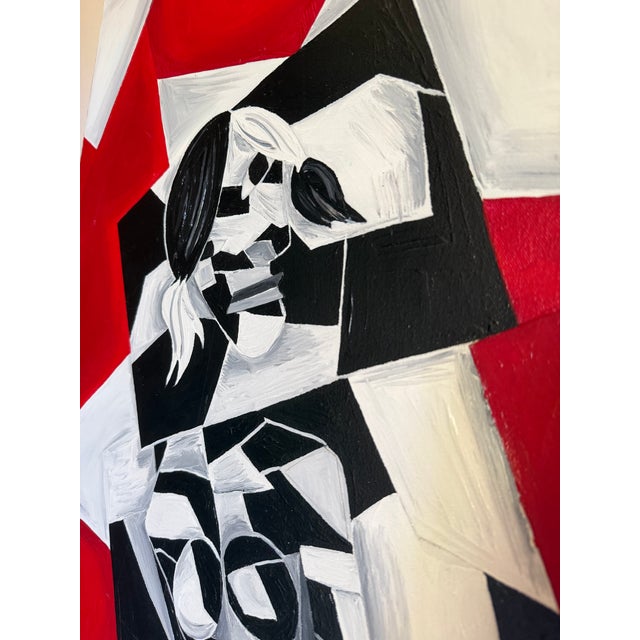 Contemporary, cubist, expressionist piece by Kristin Gustavson, hand-signed and titled by the artist on the reverse wood...