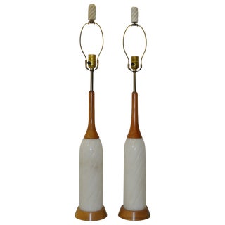 Vintage Teak & Alabaster Table Lamps - Pair For Sale