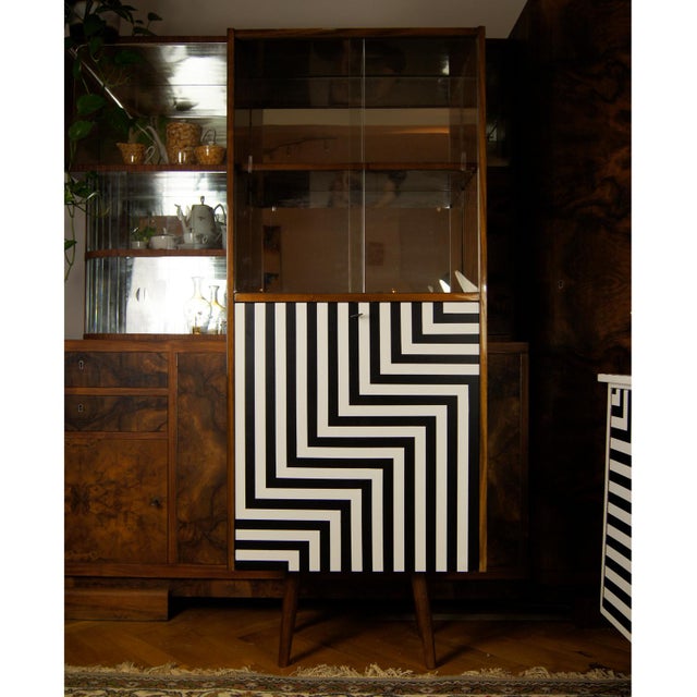 Wood Polish Glass Case with Bar in Op Art Motif, 1973 For Sale - Image 7 of 9