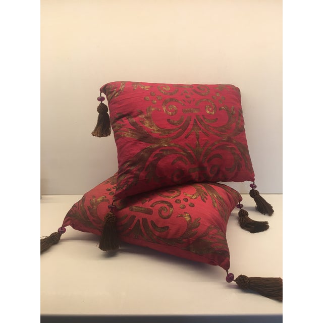 A Pair of Vintage Isabelle H. Hand Painted Accessory Pillows on Cherry Silk with Design In Gold Metallic Paint , and...