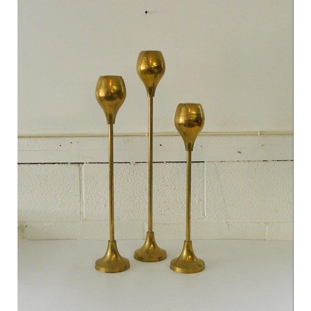 1950s Brass Candlesticks - Set of 3 For Sale - Image 4 of 7