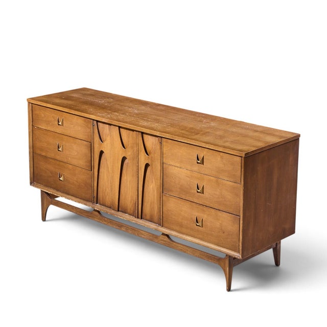Broyhill Brasilia Mid Century Walnut and Brass Lowboy 9 Drawer Dresser For Sale - Image 9 of 10