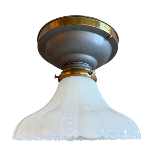Original 1910 Patina Clam Broth Beaded and Scalloped Ceiling Light For Sale - Image 4 of 5
