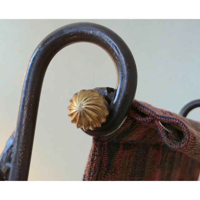 Red 1980s Attributed to David Hicks Wrought Iron Tapestry Sling Chair With Brass Finials For Sale - Image 8 of 16