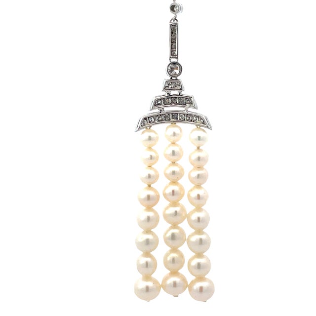Vintage Platinum 1.5 Carat Weight Diamond & Strand Pearl Drop Necklace For Sale In New York - Image 6 of 9