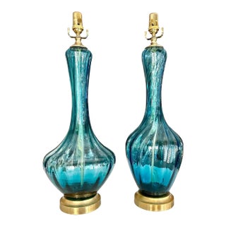 Pair Similar Blue Empoli Murano Optic Glass Table Lamps For Sale
