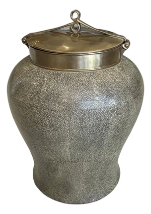 Vintage Faux Shagreen Finish Ceramic Pot With Brass Accents & Lid