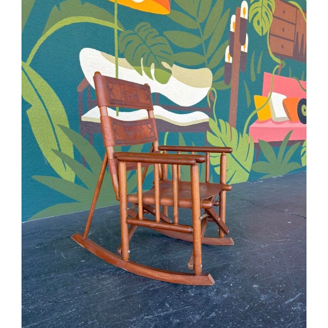 Mid 20th Century Vintage Embossed Leather Costa Rican Rocking Chair For Sale - Image 5 of 11