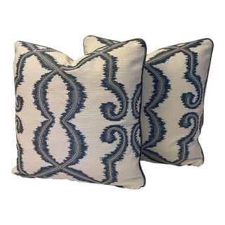 Cowtan & Tout Trellis Lattice Embroidery Fabric “Micro/Blue” Pillow Covers - A Pair For Sale