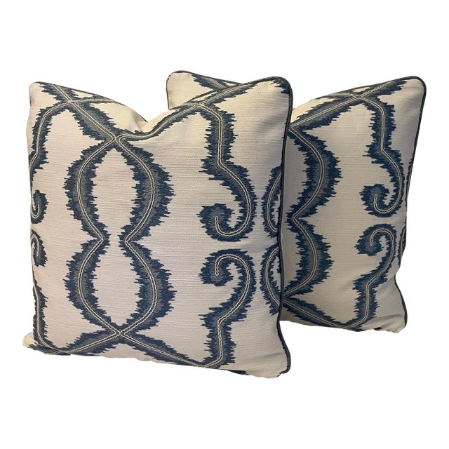 Cowtan & Tout Trellis Lattice Embroidery Fabric “Micro/Blue” Pillow Covers - A Pair For Sale