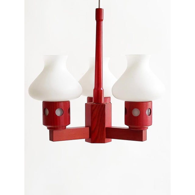 Red Mid-Century Swedish Pine Chandelier with Frosted Glass Shades by Aneta, 1970s For Sale - Image 8 of 14