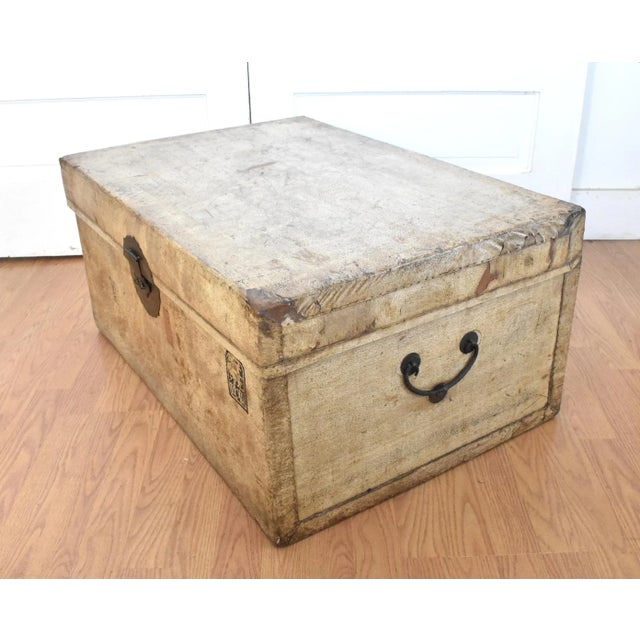 1900s Chinese Import Leather Parchment Traveling Trunk For Sale - Image 4 of 13