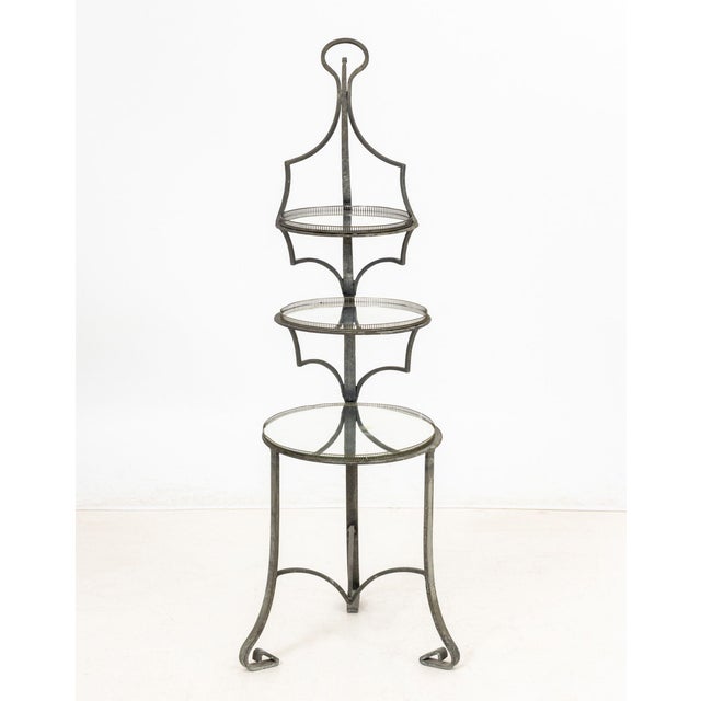French Wrought Iron Three-Tier Serving Stand, galleried mirrored glass tops. 37.5" H x 14" W x 14" D. Provenance: From an...