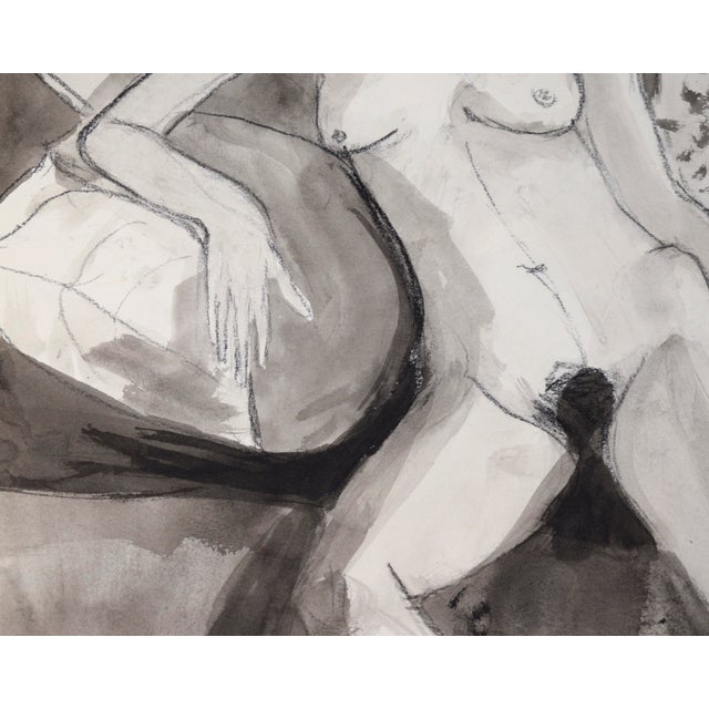 Nude Woman on Striped Chair #2 in Charcoal and Gouache on Paper Black and white painting of a woman by acclaimed bluegrass...