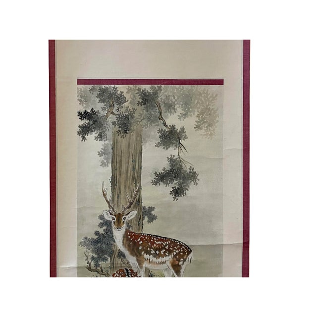 Vintage Chinese Color Ink Double Deer Scroll Painting Wall Art For Sale - Image 4 of 7