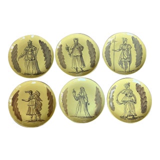 Mid 20th Century Signed Italian Handpainted Neoclassical Style Ochre Ceramic Plates- Set of 6 For Sale