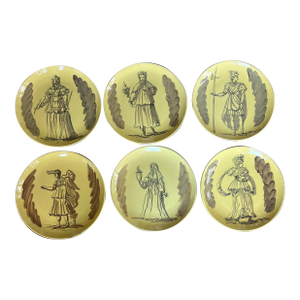 Mid 20th Century Signed Italian Handpainted Neoclassical Style Ochre Ceramic Plates- Set of 6
