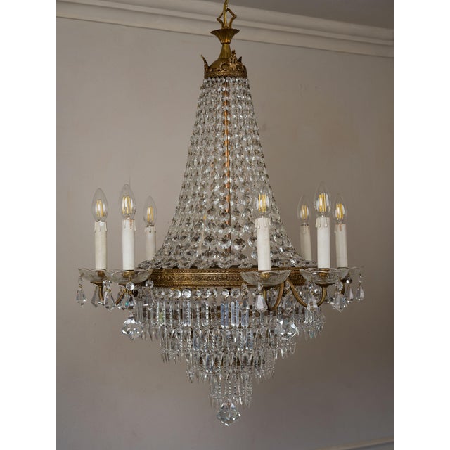 1940s Italian Empire Style 12-Light Chandelier in Brass, Crystal and Cut Glass, 1940s For Sale - Image 5 of 15