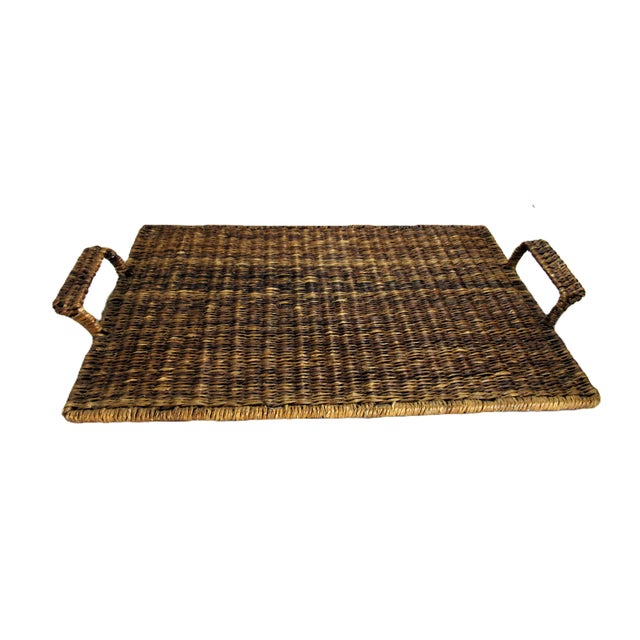 Vintage Rattan Wicker Serving Tray 22" X 13" Handles + Footed For Sale - Image 9 of 11