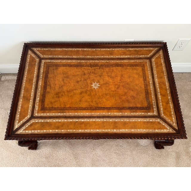 1980s Maitland-Smith Cocktail Table: Tooled Leather, Carved Fretwork, Ball & Claw Feet For Sale - Image 10 of 12