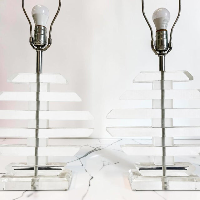 Plastic 1970s Multilayer Lucite Table Lamps - a Pair For Sale - Image 7 of 8