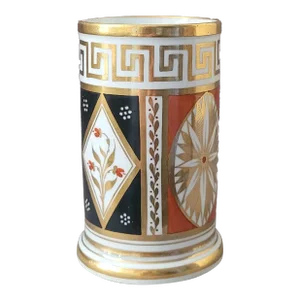 Antique Early 19th Century English Regency Coalport Porcelain Cylinder Mantel Vase With Greek Key Circa 1810