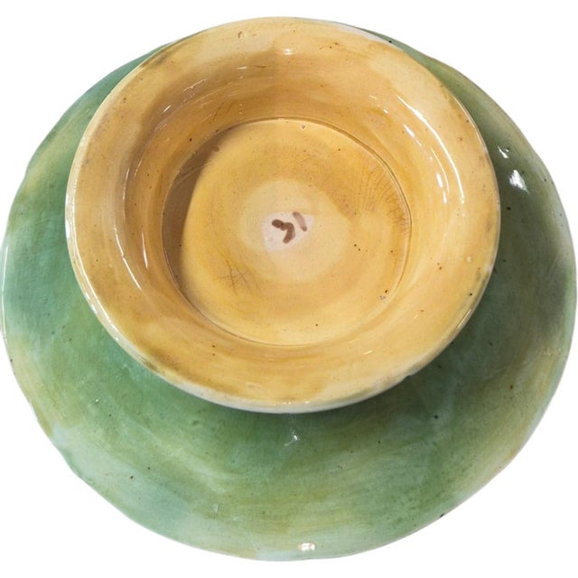 Rustic 19th C Majolica Begonia Leaves Compote C1880s Kelly Green and Chestnut Brown For Sale - Image 3 of 3