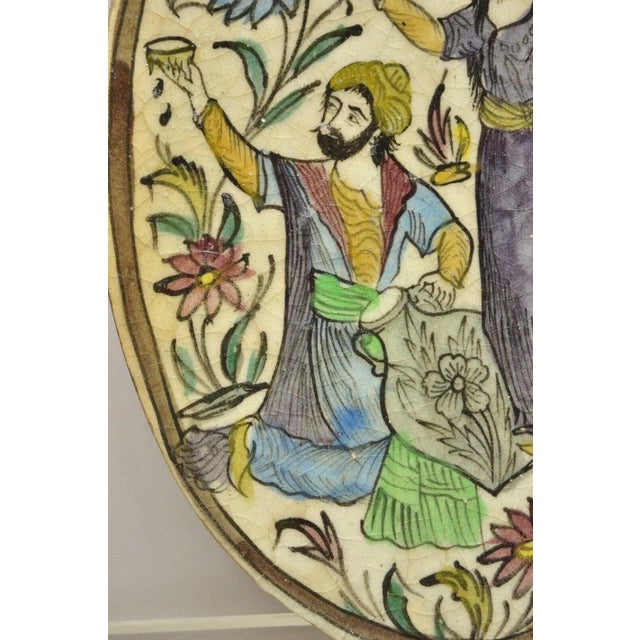 Antique Persian Iznik Qajar Style Ceramic Pottery Oval Tile Jugs Man & Woman C3 For Sale - Image 4 of 10