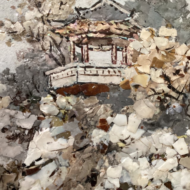 Mid 20th Century Asian Style Art Peace Painting With Mosaic Mother Pearls, Signed Framed For Sale - Image 4 of 12