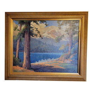 California Landscape Painting Redwoods & Lake by Luther Evans De Joiner