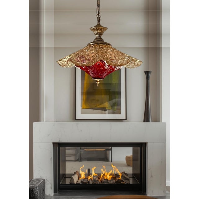 Vintage Murano Fazzoletto Art Glass “Fiore Di Fuoco” Amber Red Pendant Light For Sale - Image 14 of 18