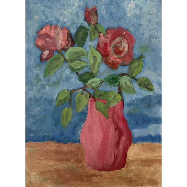 Midcentury folk art oil painting of still life with pink roses on a blue backdrop. So pretty in its simplicity and...