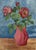 Midcentury folk art oil painting of still life with pink roses on a blue backdrop. So pretty in its simplicity and...